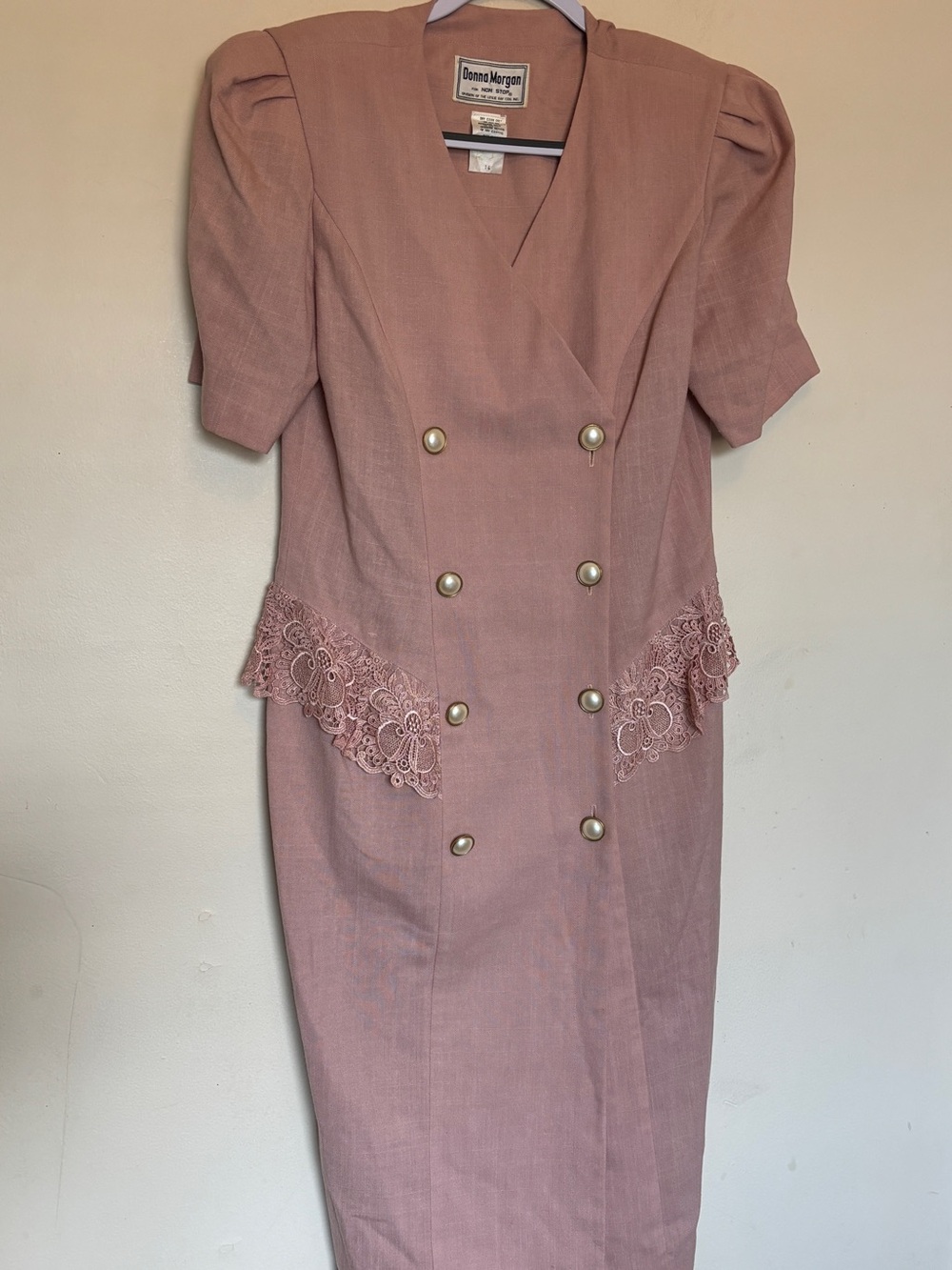 Vtg 80s Does 40s Double Breasted Sheath Dress Sz 14 Eyelet Lace Office Secretary